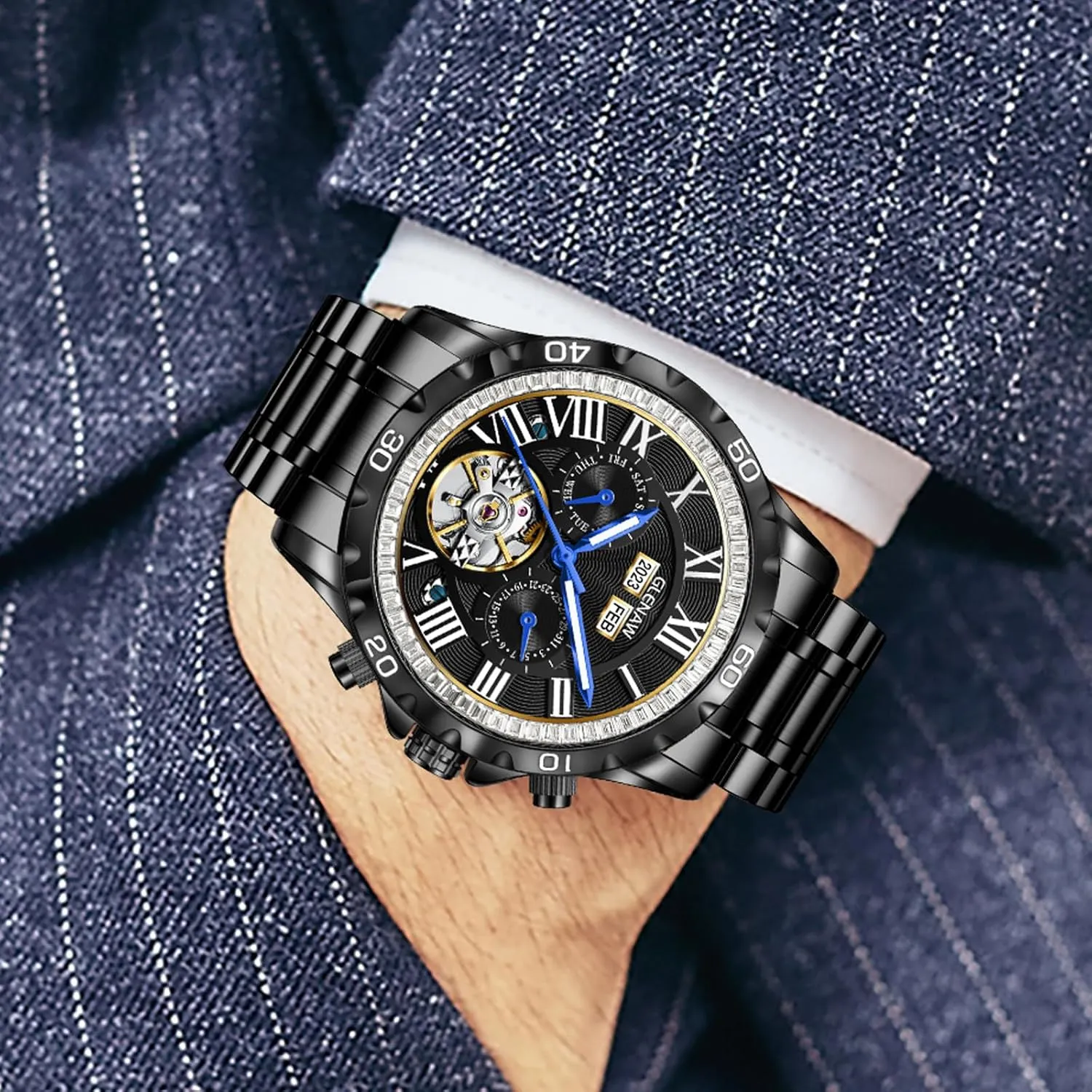 Mechanical Watch Skeleton Watch for Men Rhinestone Dial Stainless 30M Waterproof Watches Business Casual Fashion