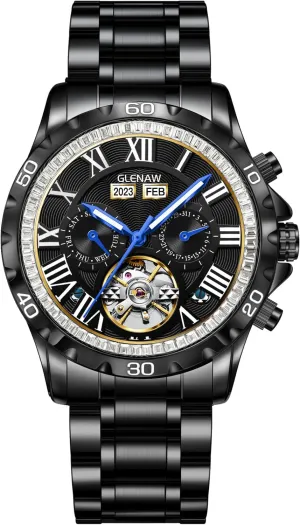 Mechanical Watch Skeleton Watch for Men Rhinestone Dial Stainless 30M Waterproof Watches Business Casual Fashion
