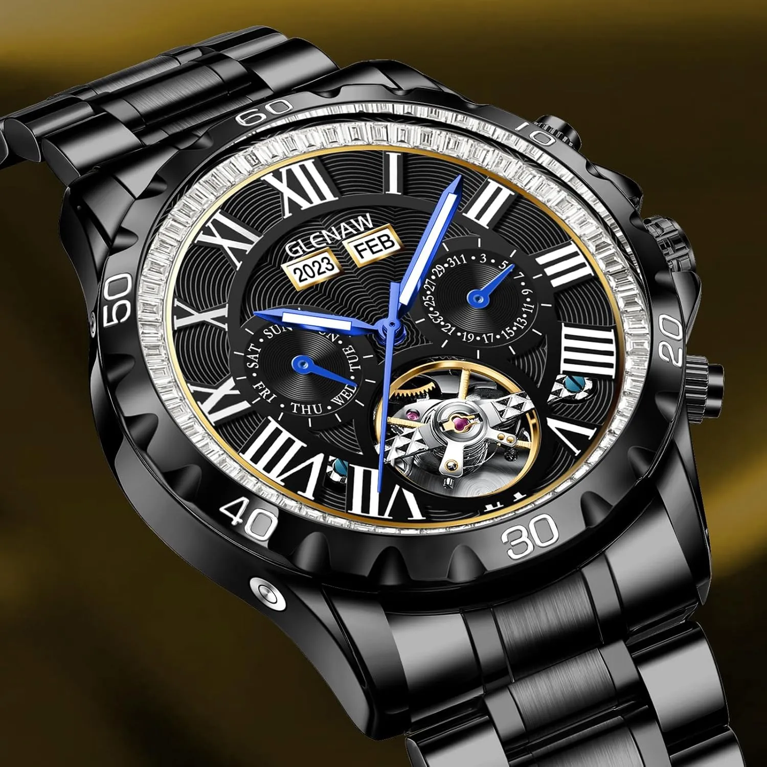 Mechanical Watch Skeleton Watch for Men Rhinestone Dial Stainless 30M Waterproof Watches Business Casual Fashion