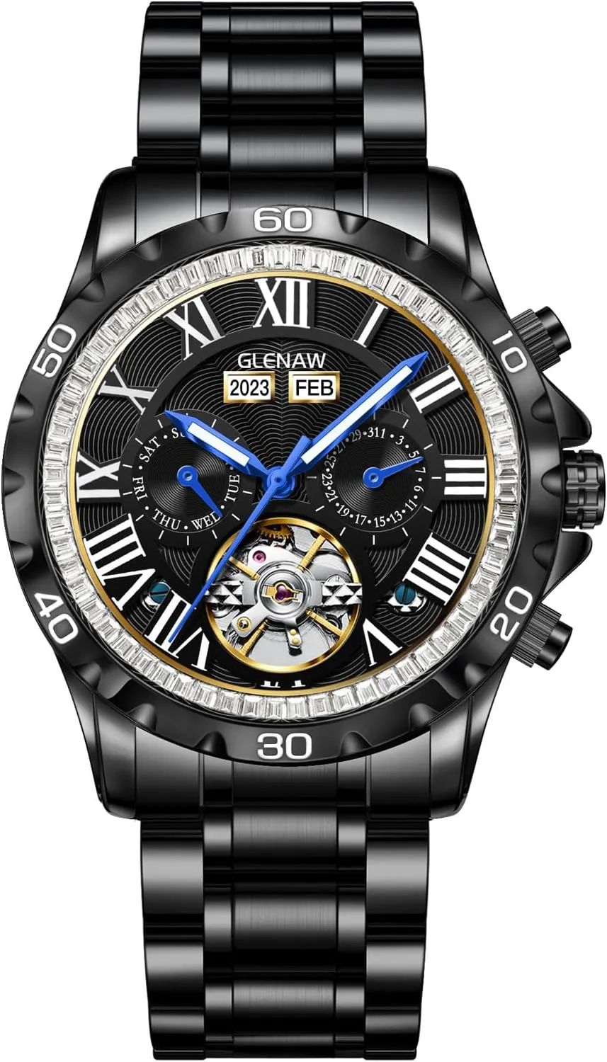 Mechanical Watch Skeleton Watch for Men Rhinestone Dial Stainless 30M Waterproof Watches Business Casual Fashion