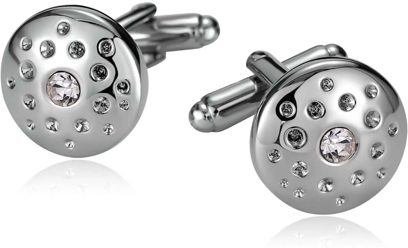 Men Cufflink Dress Shirts, Groom Cufflinks Cubic Zirconia Silver Stainless Steel Round White Crystal for Man Business Wedding
