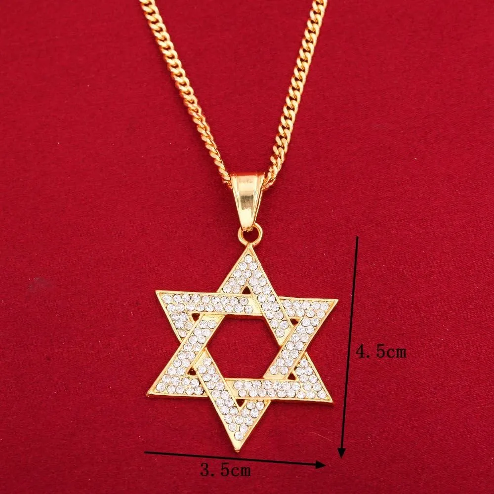 Men Jewish Jewelry Platinum Plated Chain Cubic Zirconia Star of David Pendant Necklace