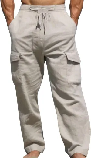 Men Linen Pants with Pockets Plus Size Beach Casual Pants Summer Vacation Open Bottom Slacks Solid Relaxed Trousers