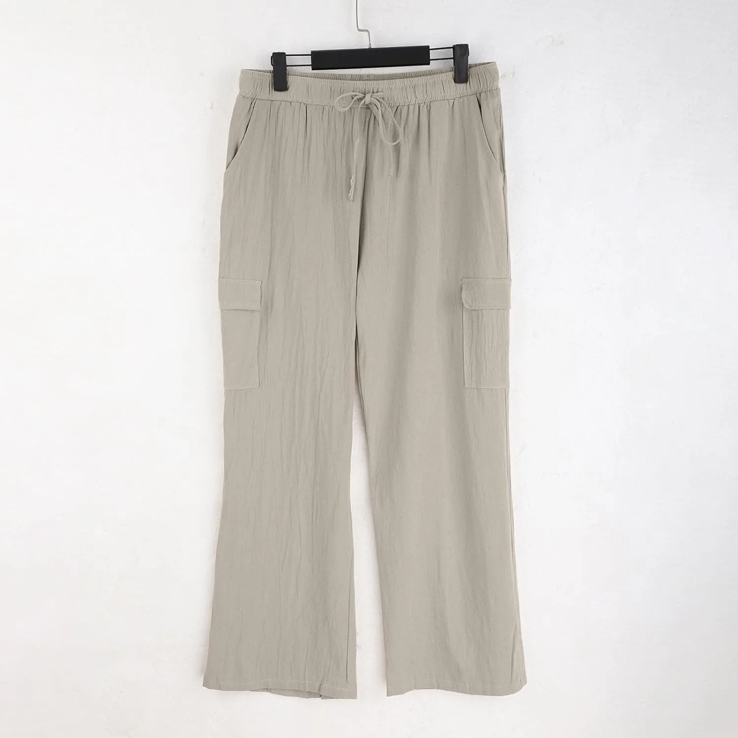 Men Linen Pants with Pockets Plus Size Beach Casual Pants Summer Vacation Open Bottom Slacks Solid Relaxed Trousers