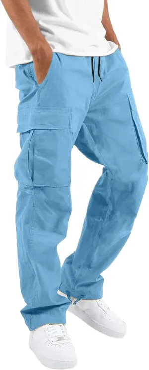 Men's 2023 Relaxed Fit Cargo Pants Elastic Waist Drawstring Wide Leg Trousers Lightweight Quick Dry Jogger Pant
