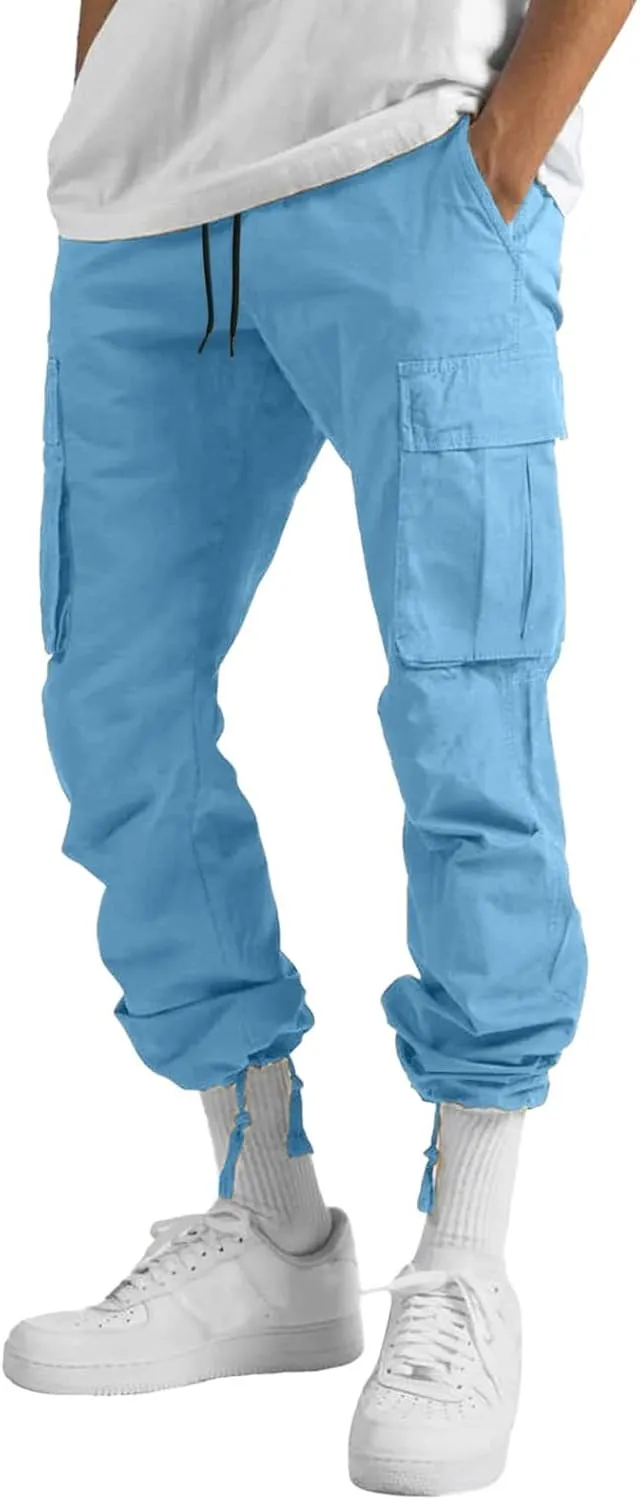 Men's 2023 Relaxed Fit Cargo Pants Elastic Waist Drawstring Wide Leg Trousers Lightweight Quick Dry Jogger Pant