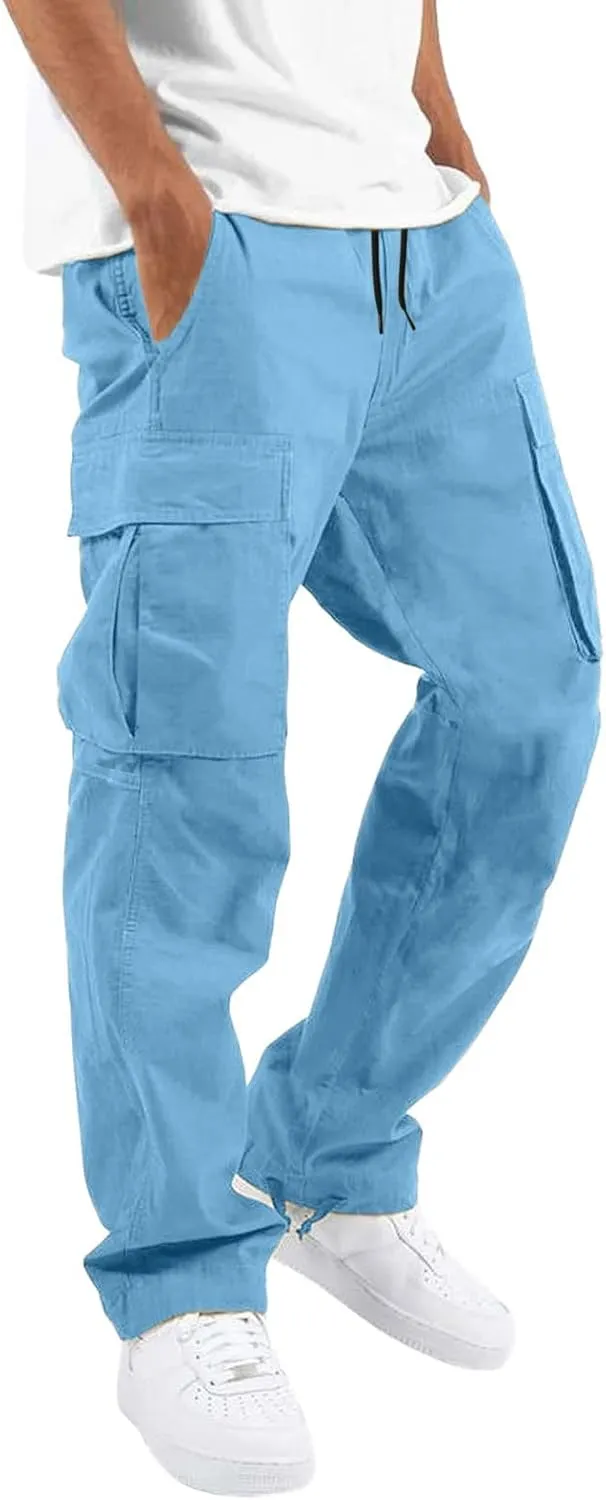 Men's 2023 Relaxed Fit Cargo Pants Elastic Waist Drawstring Wide Leg Trousers Lightweight Quick Dry Jogger Pant