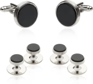 Mens Black Tuxedo Cufflinks and Studs Formal Set in Onyx and Silver with Travel Presentation Gift Box Men Cufflinks for Wedding Groomsmen Jewelry - Cufflinks and Studs Men Tuxedo