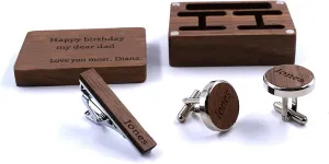 Men's Black Walnut Wood Cufflinks Tie Bar, Customized Name Cufflinks, Cuffs Gift Box Set, Suitable For Wearing In Wedding Party, Business Party