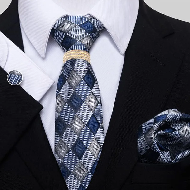 Men's Business Suit Accessory Set - Polyester Tie, Pocket Square, Cufflinks, and Tie Clip with Zirconia