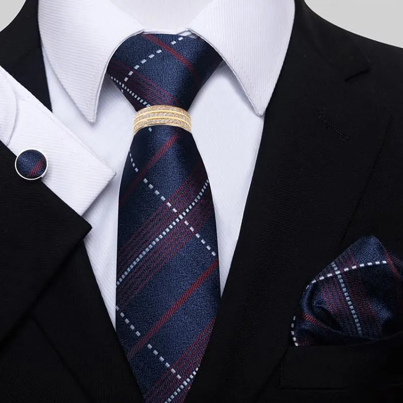 Men's Business Suit Accessory Set - Polyester Tie, Pocket Square, Cufflinks, and Tie Clip with Zirconia
