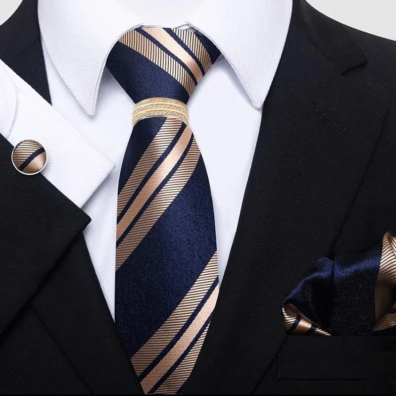 Men's Business Suit Accessory Set - Polyester Tie, Pocket Square, Cufflinks, and Tie Clip with Zirconia
