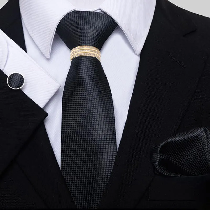 Men's Business Suit Accessory Set - Polyester Tie, Pocket Square, Cufflinks, and Tie Clip with Zirconia