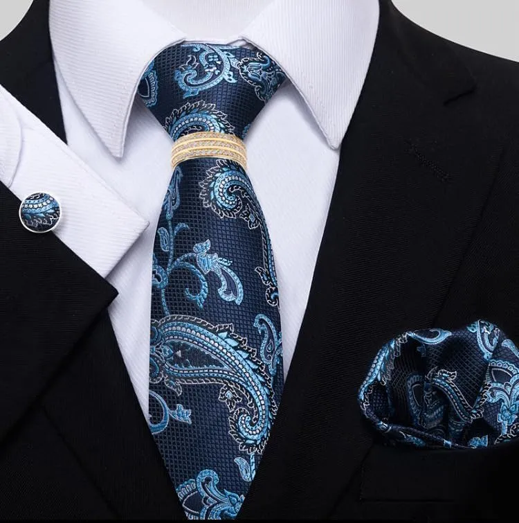 Men's Business Suit Accessory Set - Polyester Tie, Pocket Square, Cufflinks, and Tie Clip with Zirconia
