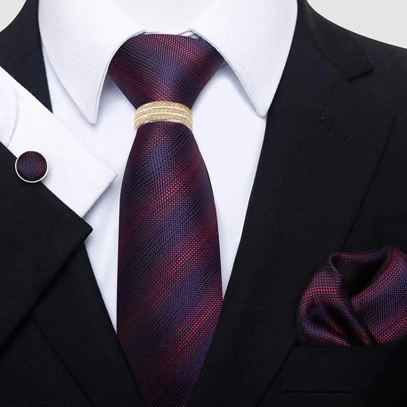 Men's Business Suit Accessory Set - Polyester Tie, Pocket Square, Cufflinks, and Tie Clip with Zirconia