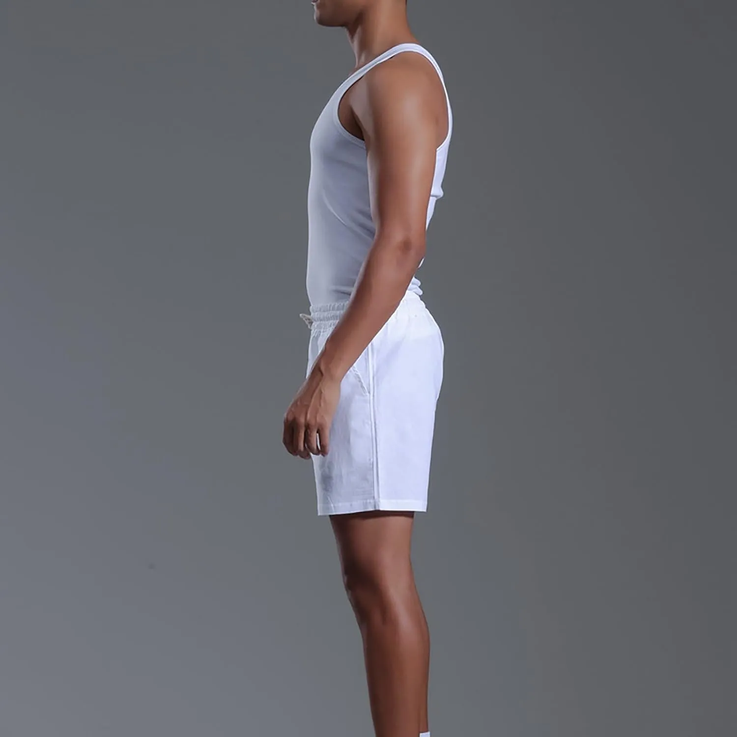 Mens Cotton Linen Classic 7 Inch Shorts with Pockets Elastic Waist Drawstring Athletic Fit Lightweight Running Short for Men
