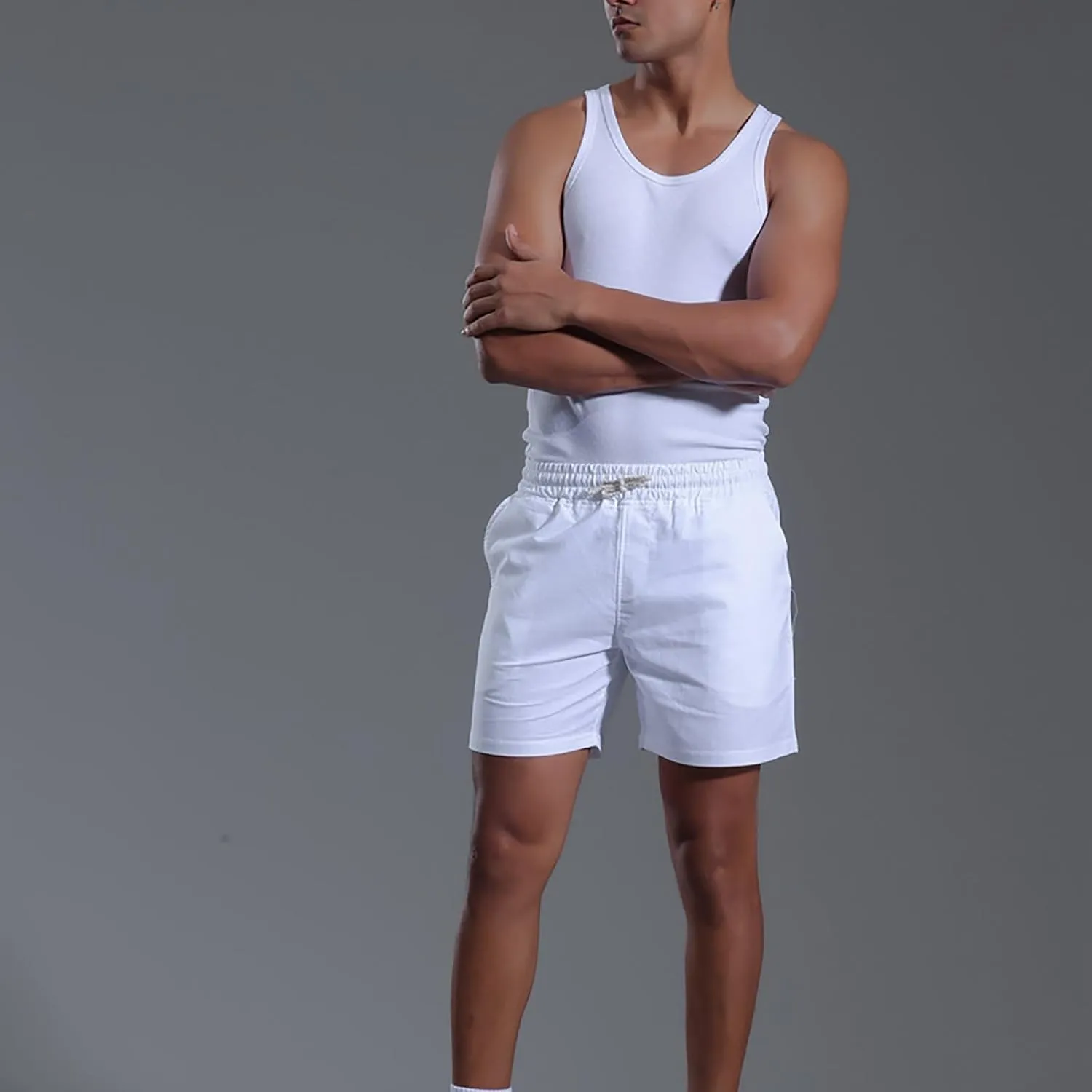 Mens Cotton Linen Classic 7 Inch Shorts with Pockets Elastic Waist Drawstring Athletic Fit Lightweight Running Short for Men