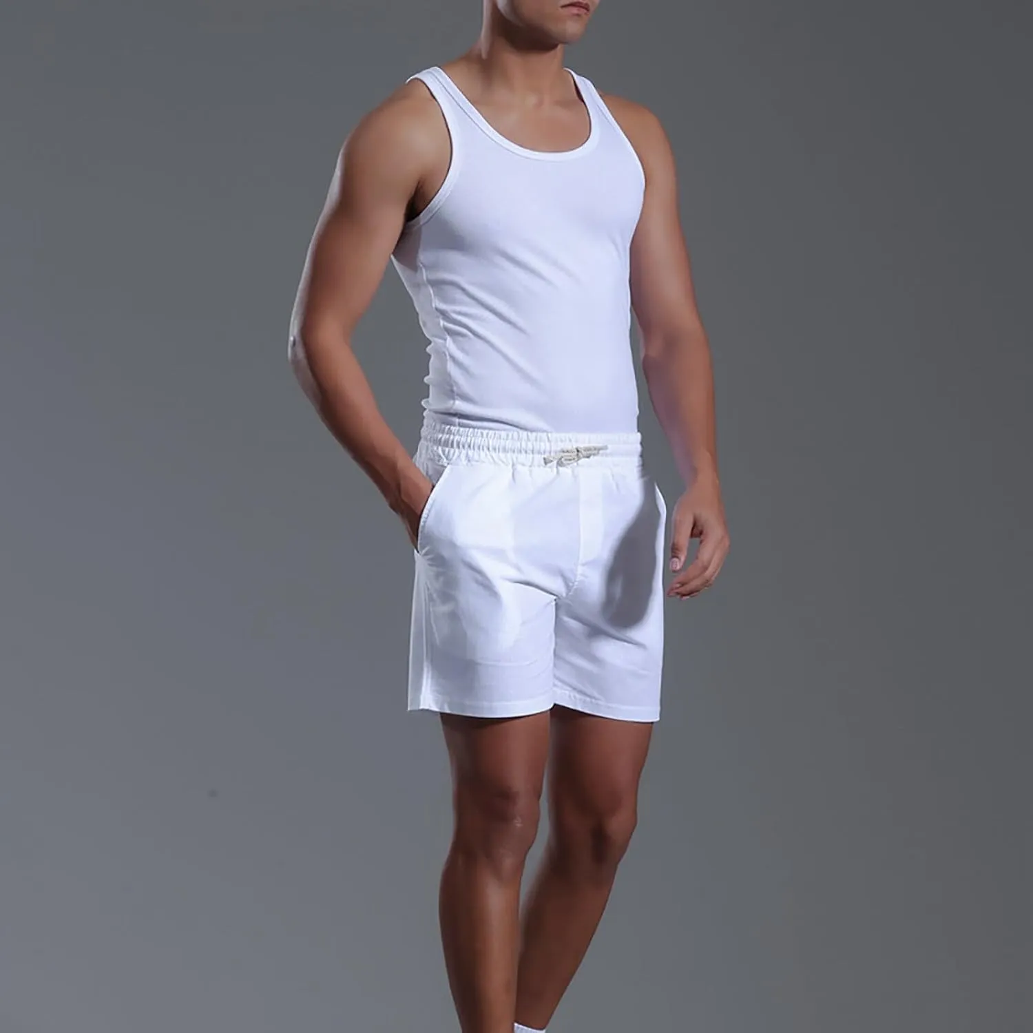 Mens Cotton Linen Classic 7 Inch Shorts with Pockets Elastic Waist Drawstring Athletic Fit Lightweight Running Short for Men