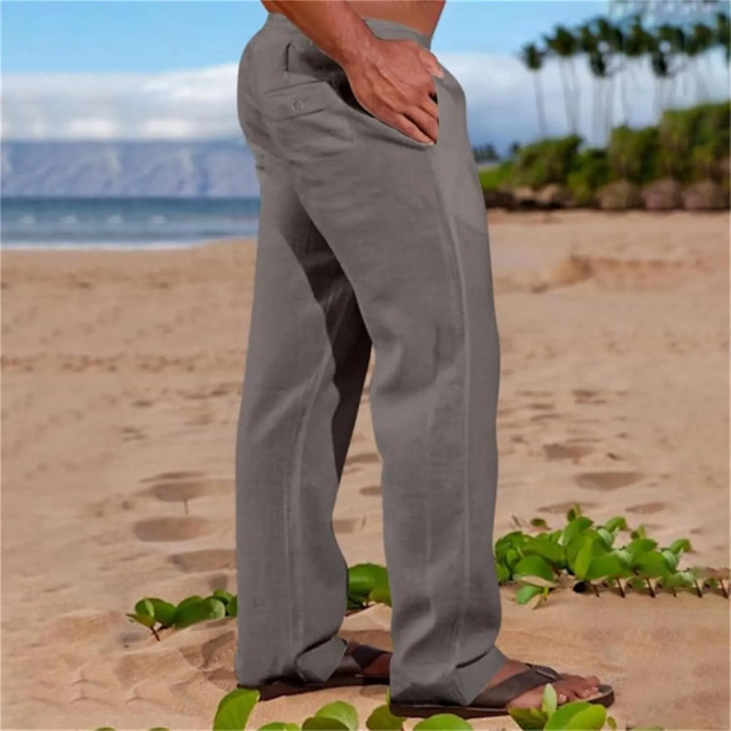 Mens Cotton Linen Pants Basic Casual Relaxed Fit Yoga Beach Sport Trousers Solid Color Breathable Elastic Drawstring