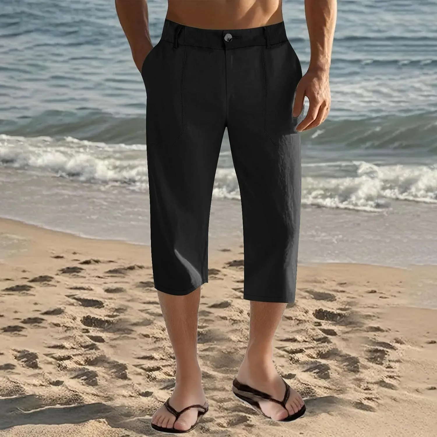 Mens Cropped Linen Pants with Button Closure Relaxed Fit Casual Beachwear Pants for Men Summer Style