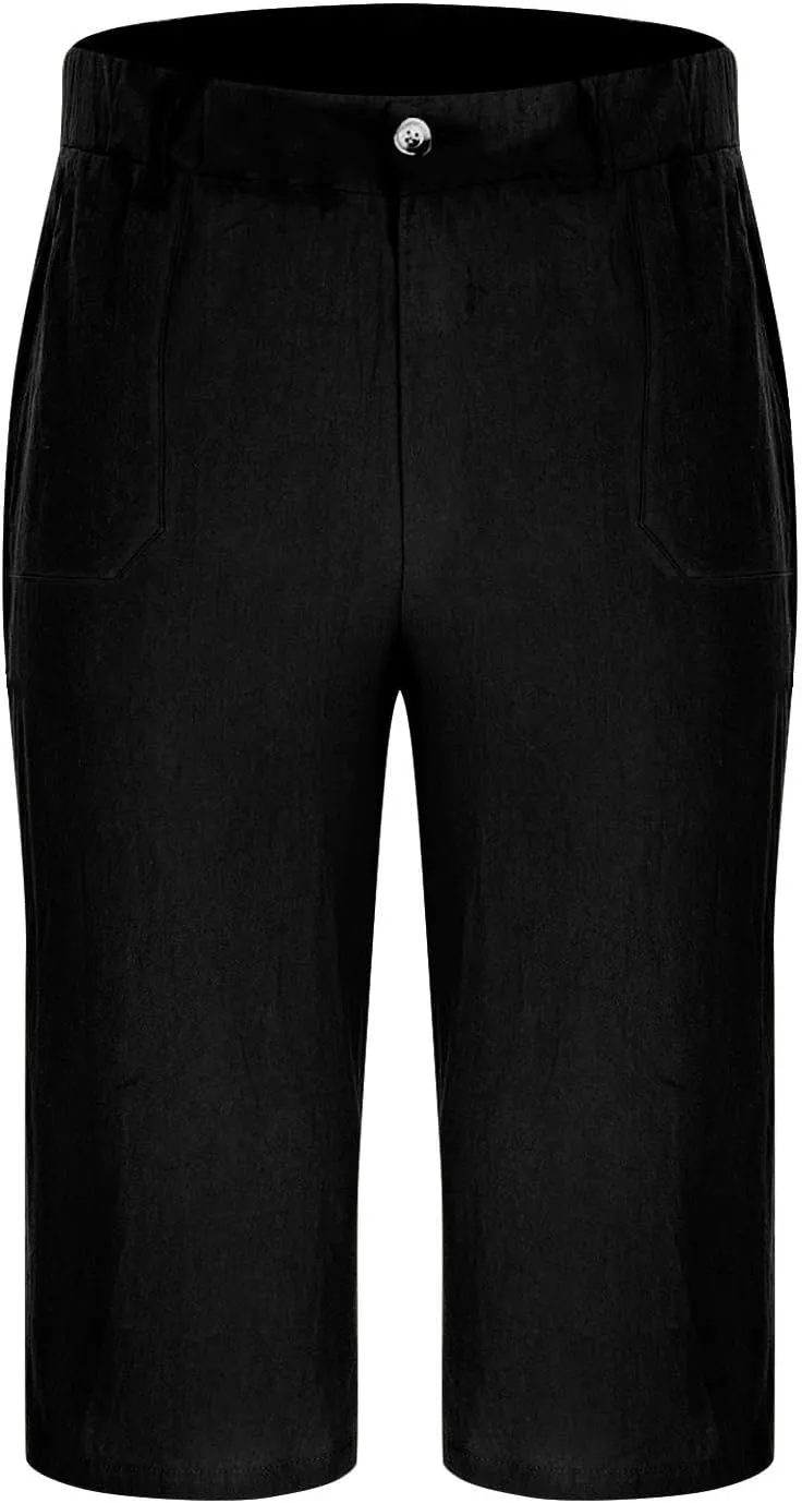 Mens Cropped Linen Pants with Button Closure Relaxed Fit Casual Beachwear Pants for Men Summer Style