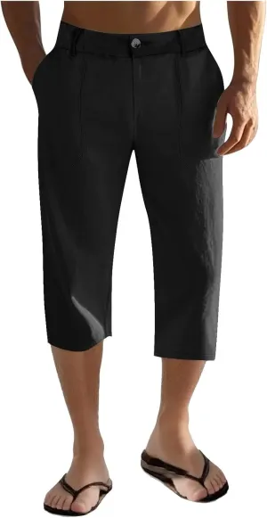 Mens Cropped Linen Pants with Button Closure Relaxed Fit Casual Beachwear Pants for Men Summer Style