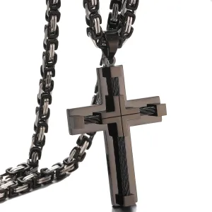 Men's Cross Necklace Stainless Steel Cable Cross Pendant Christ Jesus Belief Jewelry, 24'' Rolo Chain