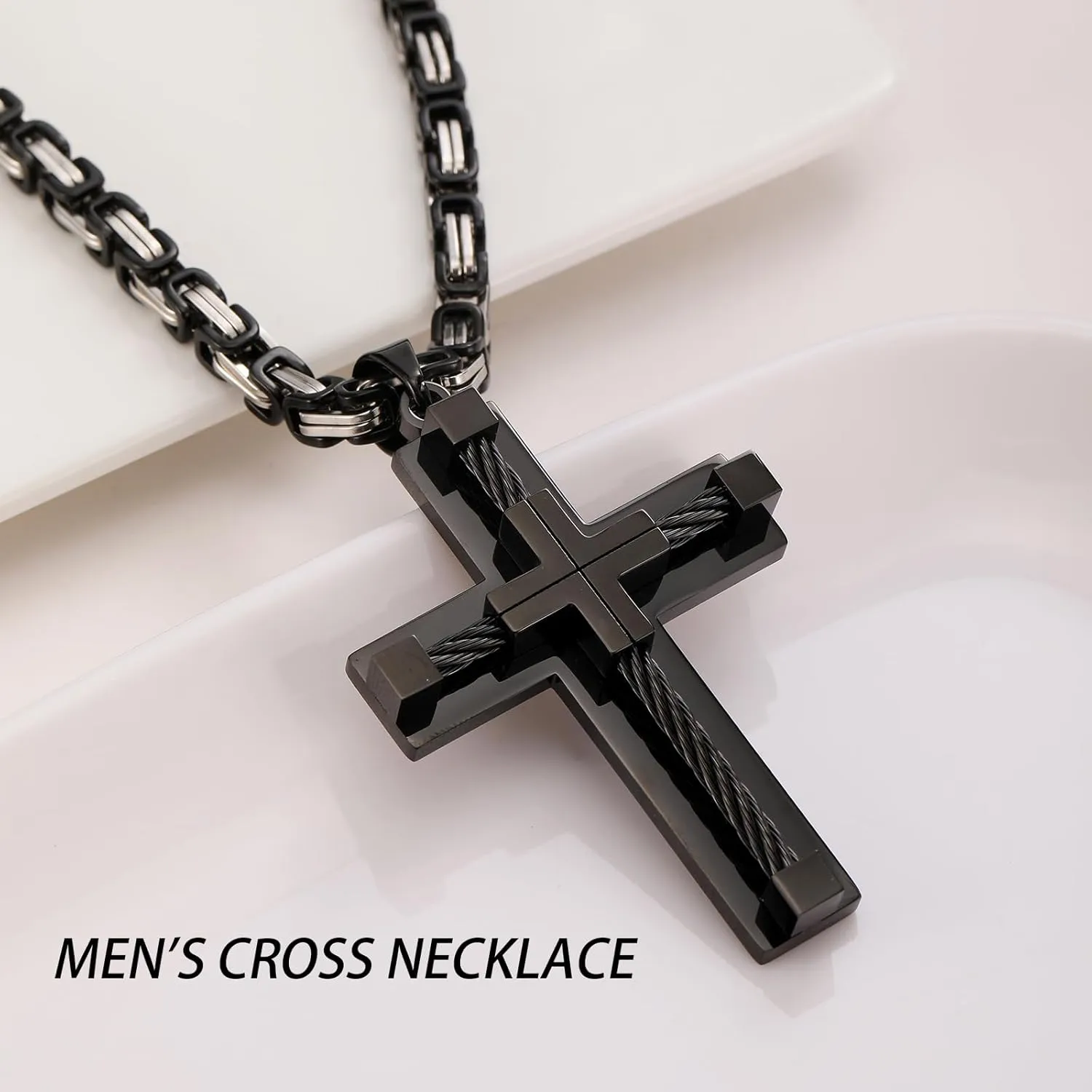 Men's Cross Necklace Stainless Steel Cable Cross Pendant Christ Jesus Belief Jewelry, 24'' Rolo Chain