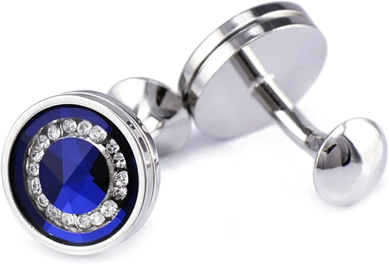 Mens Cuff Links Shirt Studs, Cufflinks for Father of Bride Cubic Zirconia Silver Blue Copper Round for Man Business Wedding
