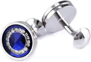 Mens Cuff Links Shirt Studs, Cufflinks for Father of Bride Cubic Zirconia Silver Blue Copper Round for Man Business Wedding