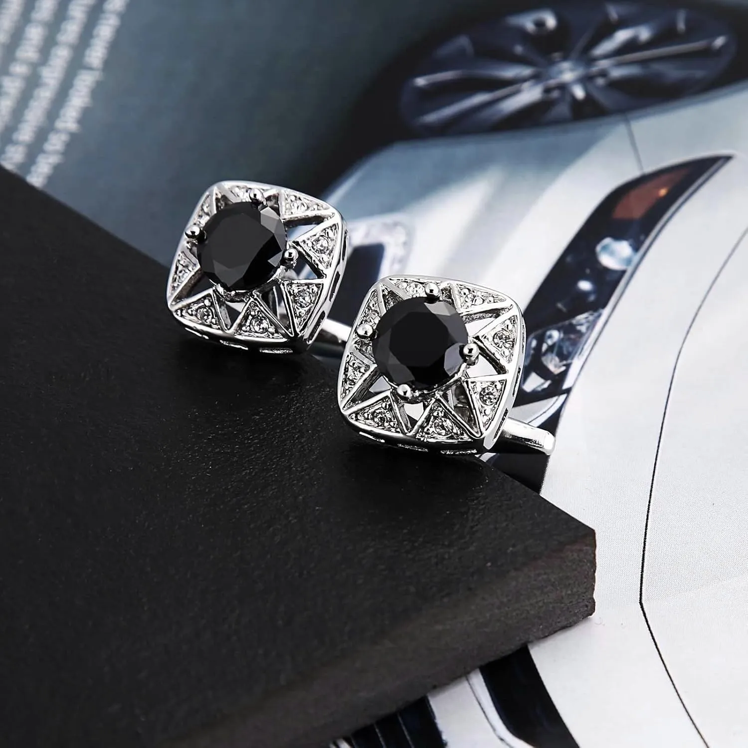 Men's Cufflinks, Cuff Links for Tux Cubic Zirconia Silver Black Stainless Steel Hollow Square for Man Business Wedding
