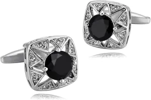 Men's Cufflinks, Cuff Links for Tux Cubic Zirconia Silver Black Stainless Steel Hollow Square for Man Business Wedding
