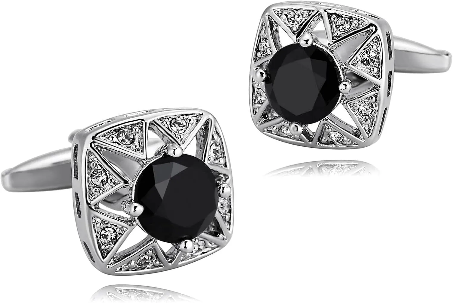 Men's Cufflinks, Cuff Links for Tux Cubic Zirconia Silver Black Stainless Steel Hollow Square for Man Business Wedding