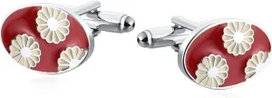 Mens Cufflinks Set, Cufflinks Simple Silver Red Stainless Steel Oval Chrysanthemum Pattern for Man Business Wedding