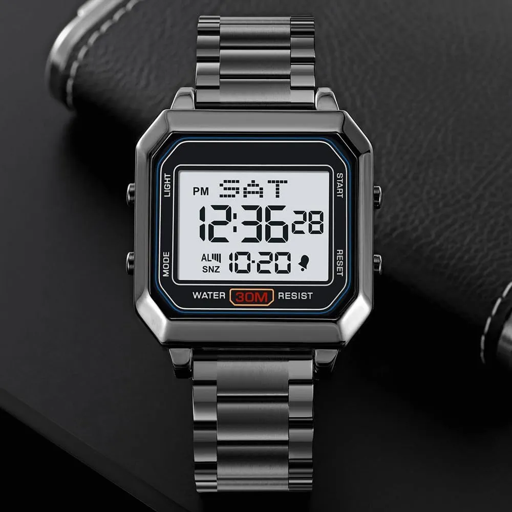Mens Digital Watch for Men, Stainless Steel Square Watches, Digital Wrist Watches Waterproof Dual Time Date Watch