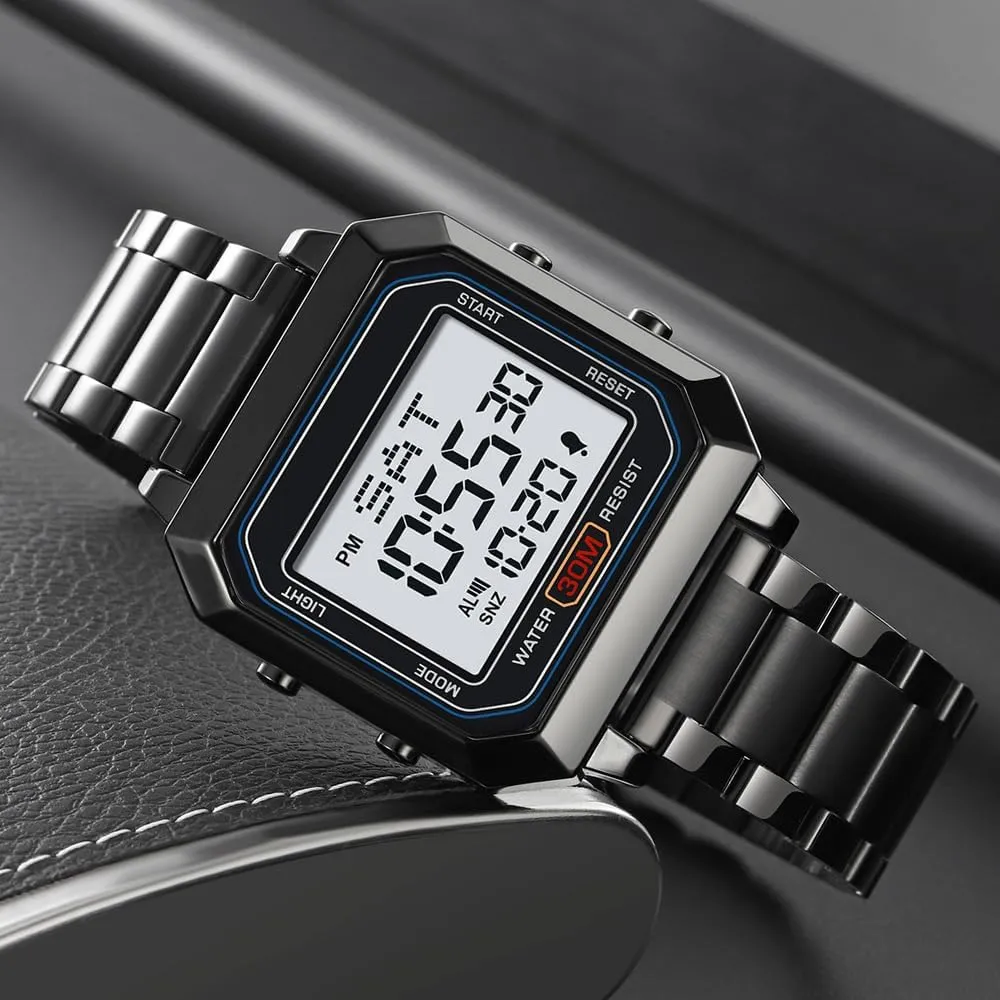 Mens Digital Watch for Men, Stainless Steel Square Watches, Digital Wrist Watches Waterproof Dual Time Date Watch