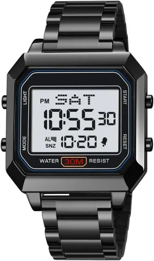Mens Digital Watch for Men, Stainless Steel Square Watches, Digital Wrist Watches Waterproof Dual Time Date Watch