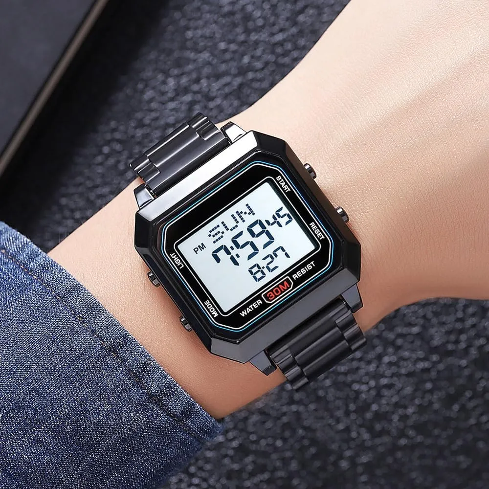Mens Digital Watch for Men, Stainless Steel Square Watches, Digital Wrist Watches Waterproof Dual Time Date Watch