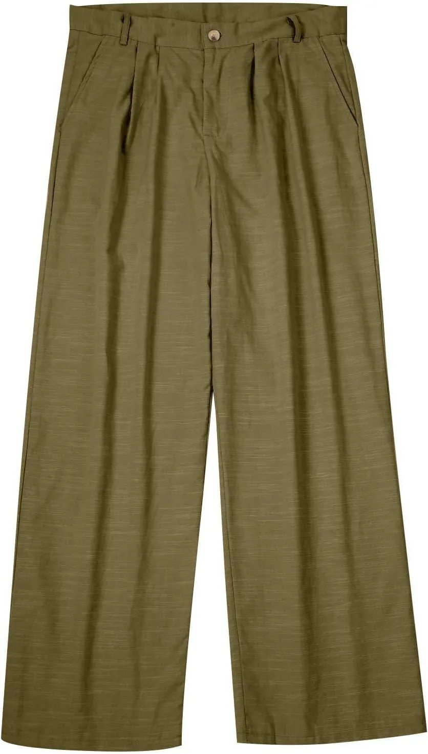 Mens Dress Pants Relaxed Fit Casual Cotton Linen Pleated Work Suit Pants Summer Straight Leg Slacks Comfort Trousers