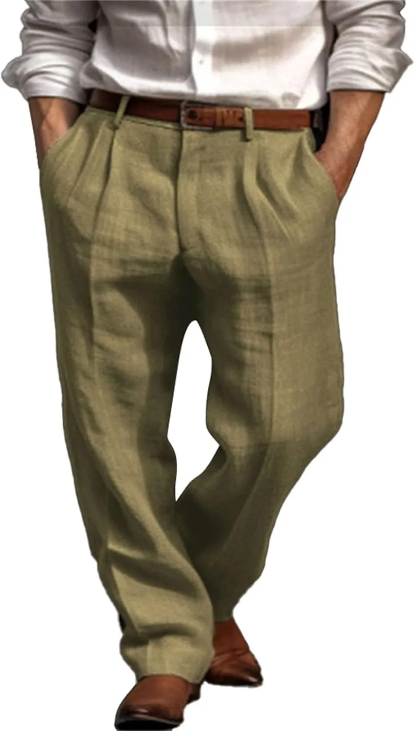 Mens Dress Pants Relaxed Fit Casual Cotton Linen Pleated Work Suit Pants Summer Straight Leg Slacks Comfort Trousers