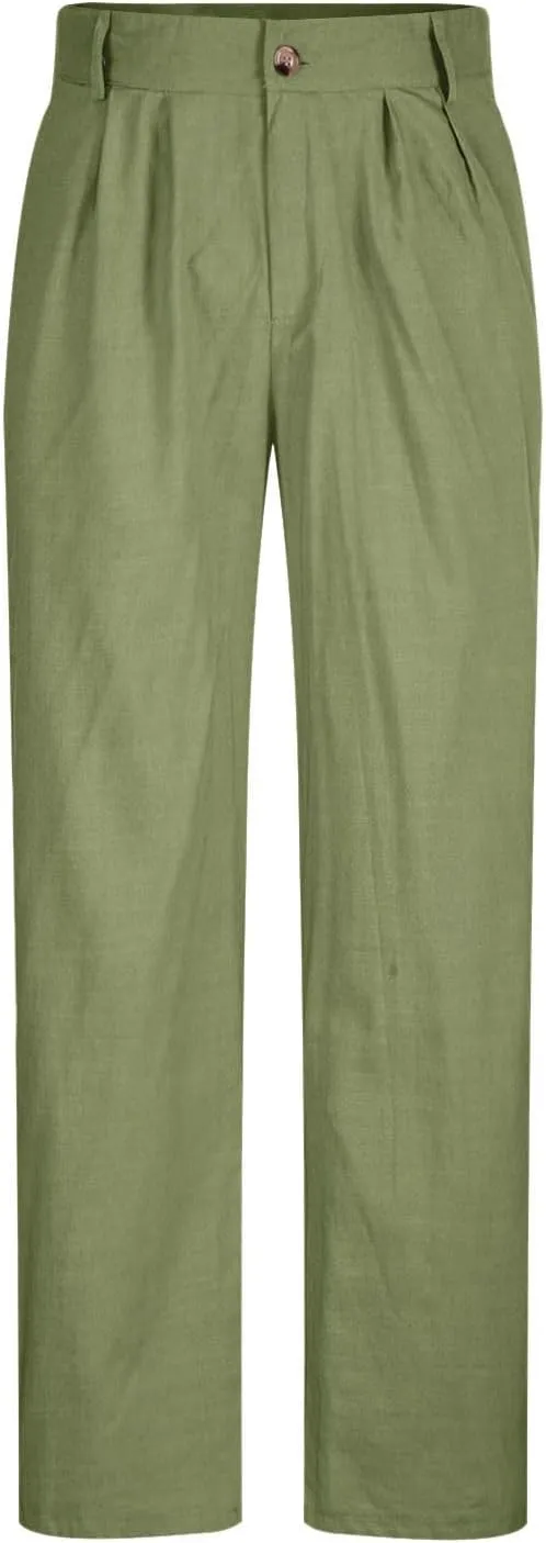 Mens Linen Pants Casual Loose Fit Straight Leg Trousers Lightweight Comfy Pants with Pockets Relaxed Work Suit Pants