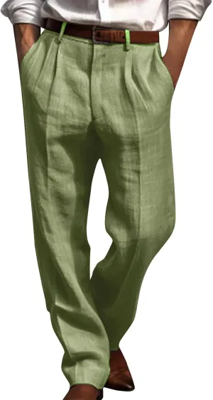 Mens Linen Pants Casual Loose Fit Straight Leg Trousers Lightweight Comfy Pants with Pockets Relaxed Work Suit Pants