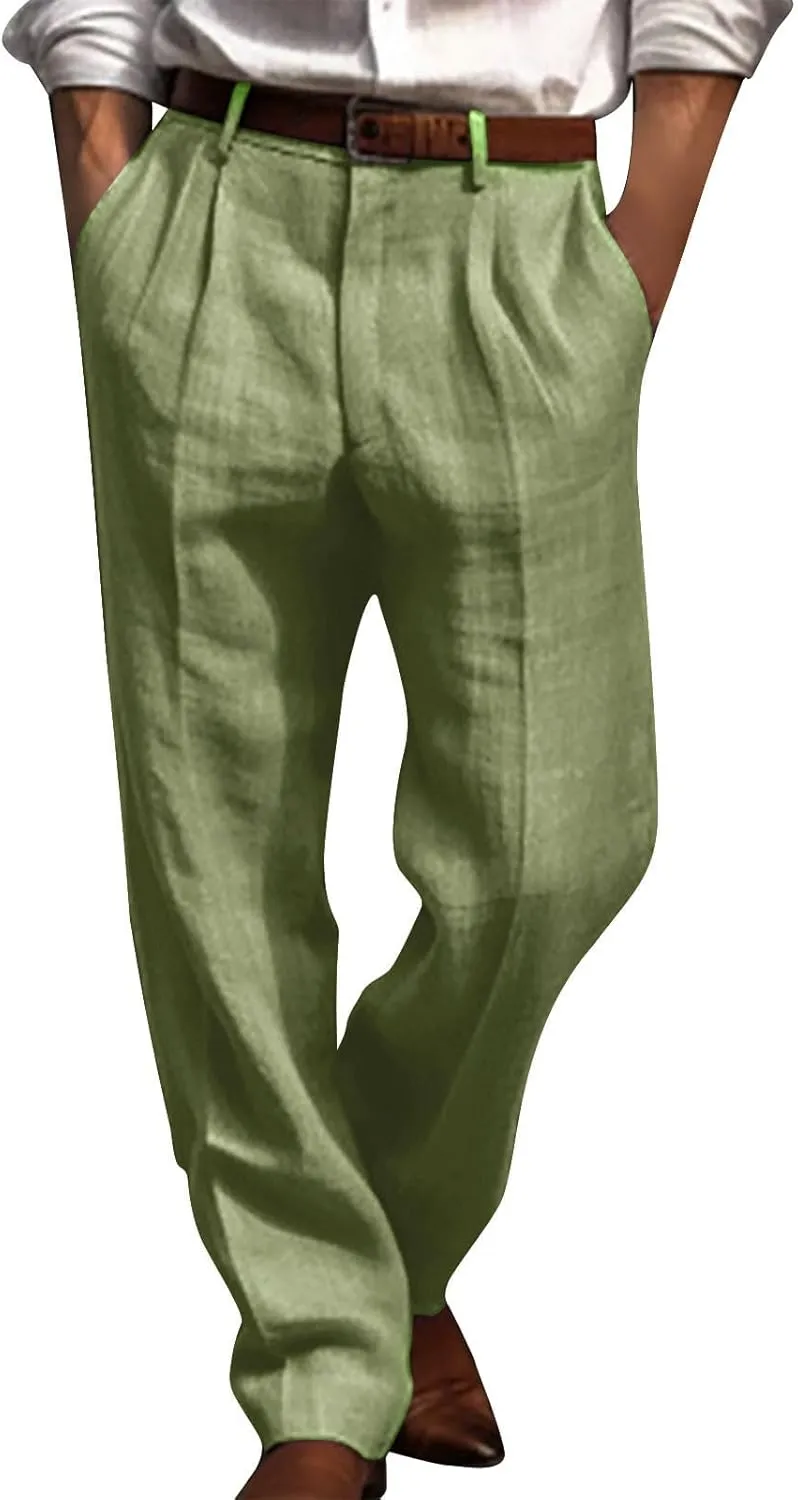 Mens Linen Pants Casual Loose Fit Straight Leg Trousers Lightweight Comfy Pants with Pockets Relaxed Work Suit Pants