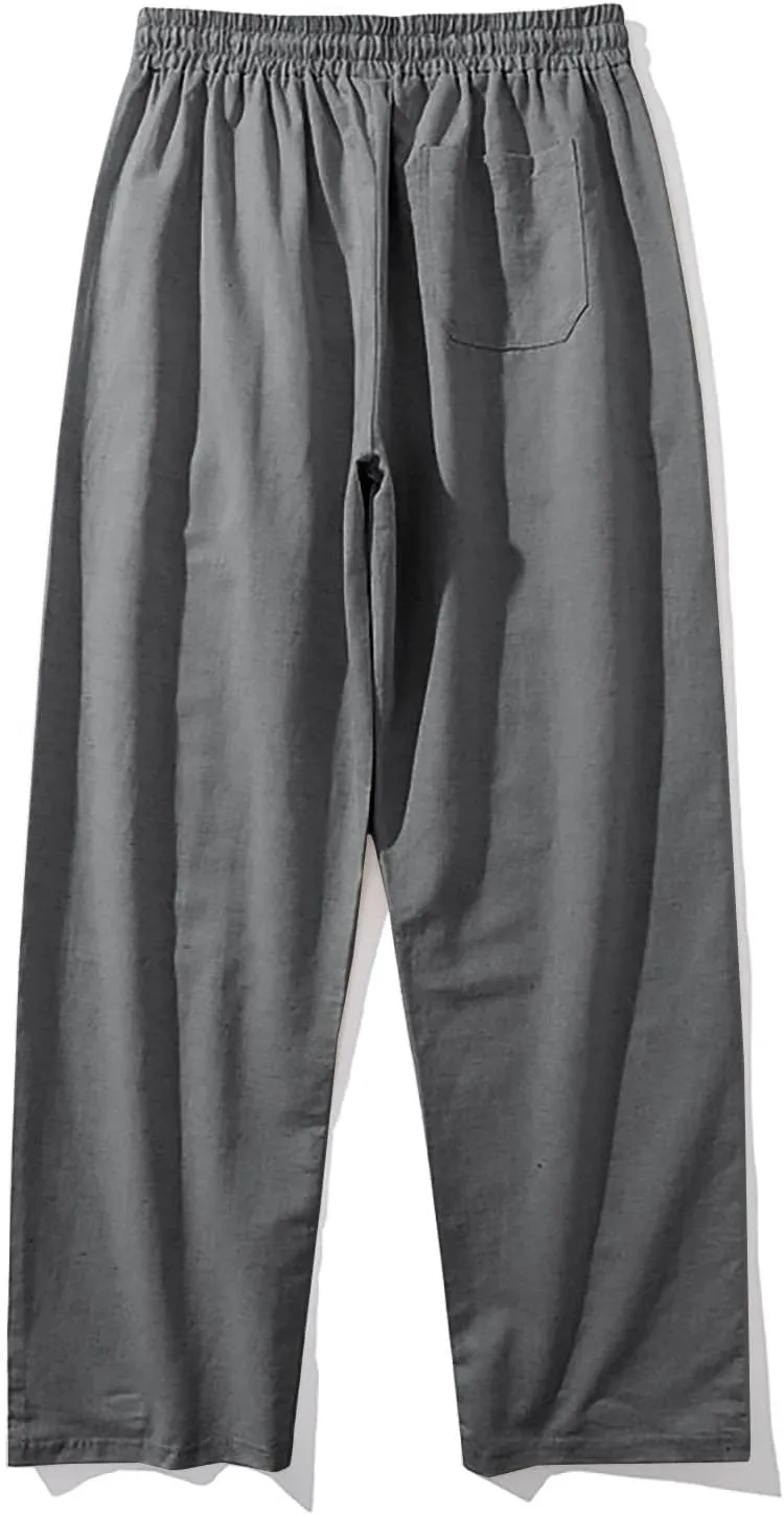 Mens Lounge Pants Cotton Linen Classic Solid Color Relaxed Straight Leg Casual Pants Wide-Legged Workout Pants