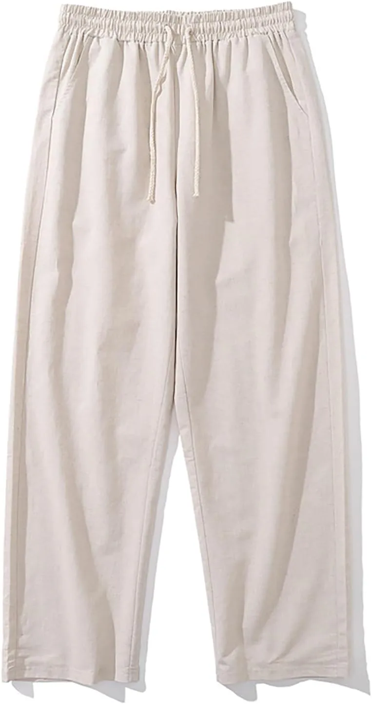 Mens Lounge Pants Cotton Linen Classic Solid Color Relaxed Straight Leg Casual Pants Wide-Legged Workout Pants