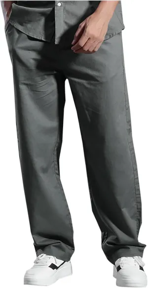 Mens Lounge Pants Cotton Linen Classic Solid Color Relaxed Straight Leg Casual Pants Wide-Legged Workout Pants