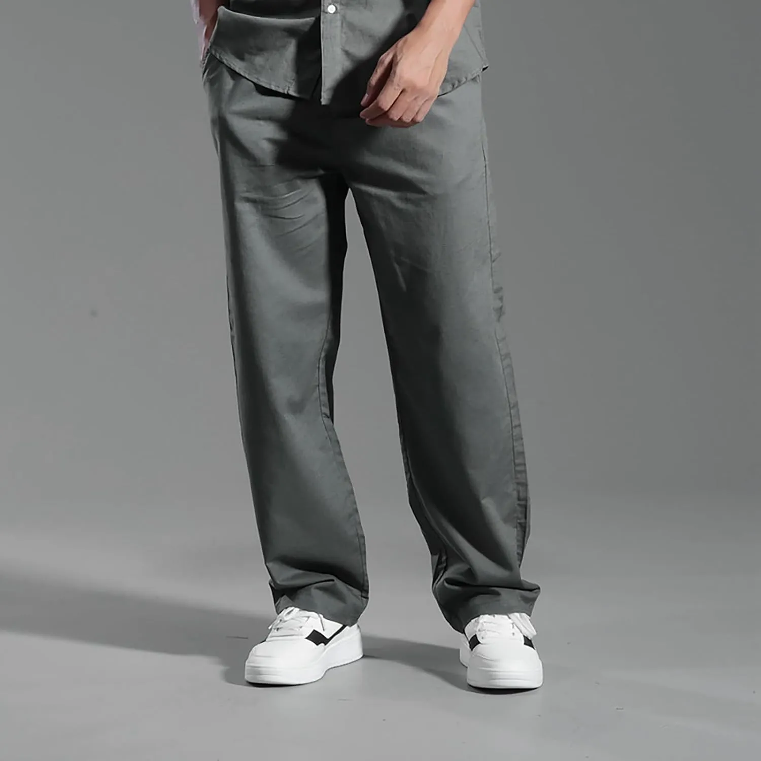 Mens Lounge Pants Cotton Linen Classic Solid Color Relaxed Straight Leg Casual Pants Wide-Legged Workout Pants