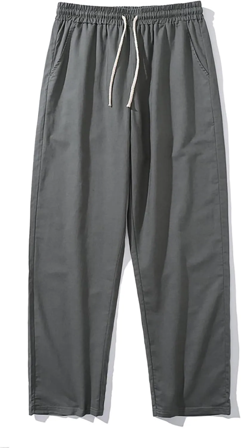 Mens Lounge Pants Cotton Linen Classic Solid Color Relaxed Straight Leg Casual Pants Wide-Legged Workout Pants
