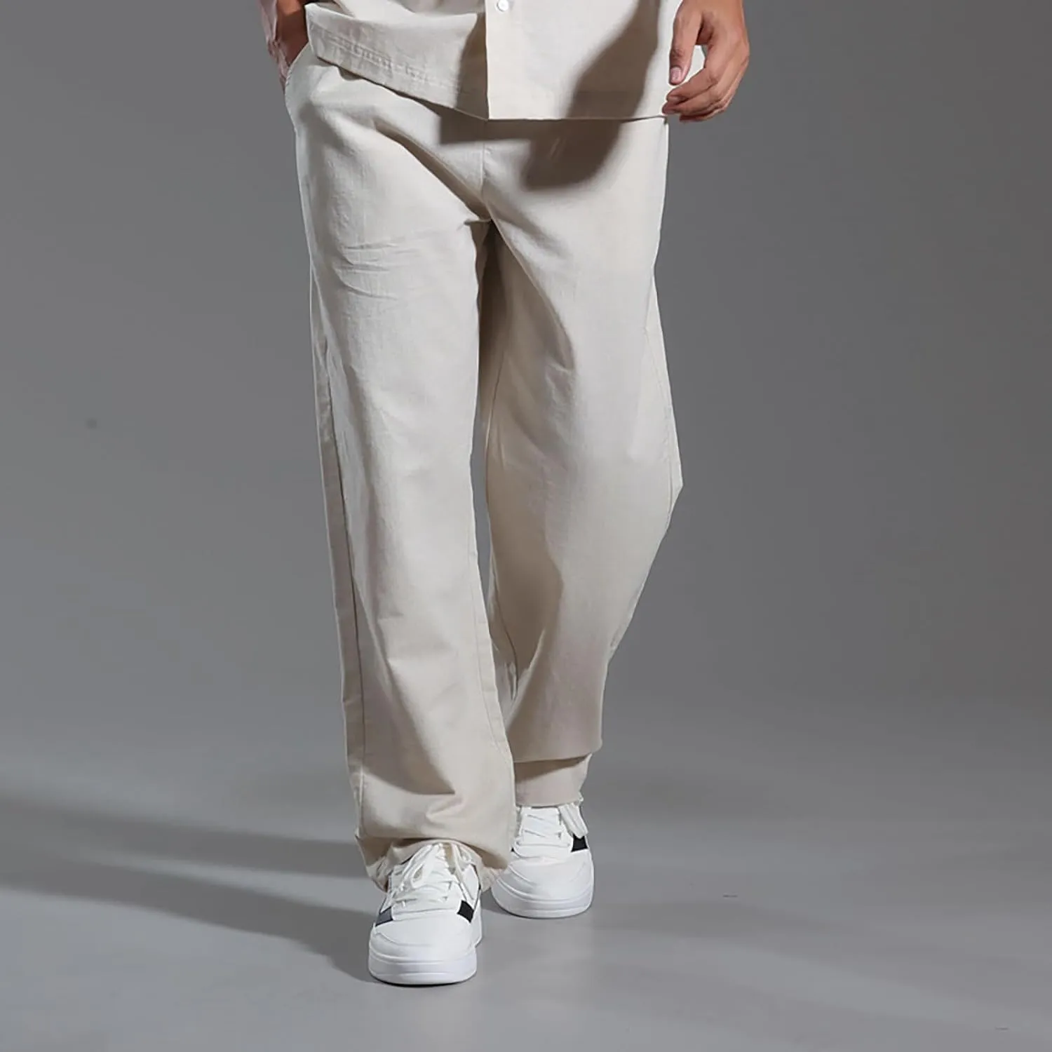 Mens Lounge Pants Cotton Linen Classic Solid Color Relaxed Straight Leg Casual Pants Wide-Legged Workout Pants