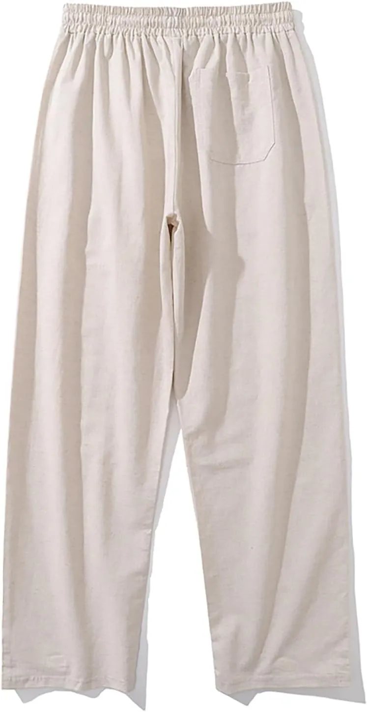 Mens Lounge Pants Cotton Linen Classic Solid Color Relaxed Straight Leg Casual Pants Wide-Legged Workout Pants